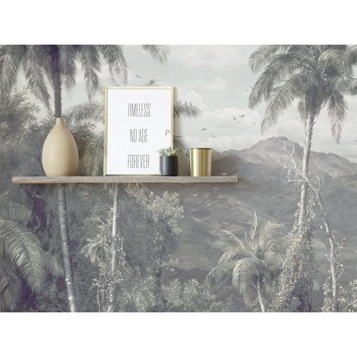 Hódítóknak és kalandoroknak - Robinson Crusoe trópusi szigetét idéző minta szürke zöld lila fehér és felhőkék falpanel/digitális nyomat