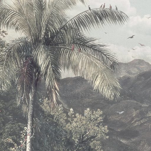 Hódítóknak és kalandoroknak - Robinson Crusoe trópusi szigetét idéző minta szürke zöld lila fehér és felhőkék falpanel/digitális nyomat