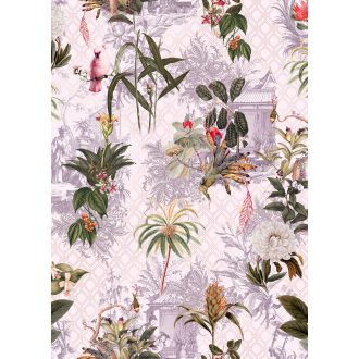   Idilli és egzotikus minta keleti növényekkel állatokkal kínai jelenetekkel krém bézs zöld piros és lila falpanel!digitális nyomat