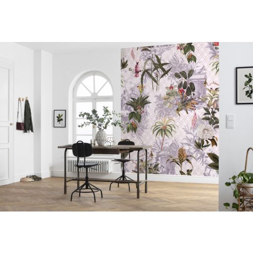 Idilli és egzotikus minta keleti növényekkel állatokkal kínai jelenetekkel krém bézs zöld piros és lila falpanel!digitális nyomat