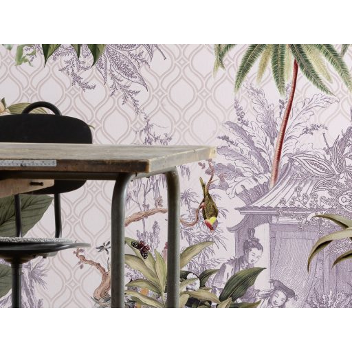 Idilli és egzotikus minta keleti növényekkel állatokkal kínai jelenetekkel krém bézs zöld piros és lila falpanel!digitális nyomat