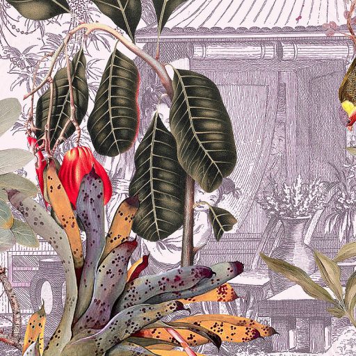 Idilli és egzotikus minta keleti növényekkel állatokkal kínai jelenetekkel krém bézs zöld piros és lila falpanel!digitális nyomat