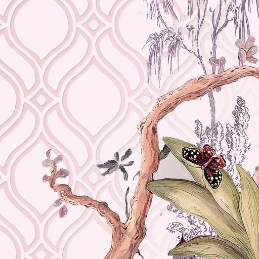 Idilli és egzotikus minta keleti növényekkel állatokkal kínai jelenetekkel krém bézs zöld piros és lila falpanel!digitális nyomat