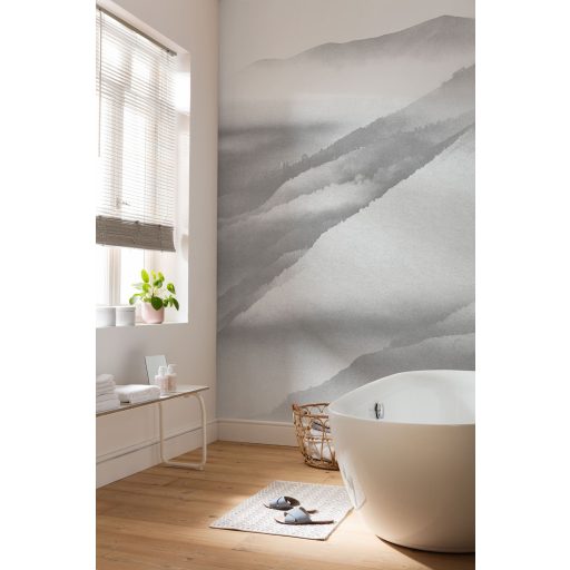 Fenséges sziklás hegyek reggeli ködben fehér ködfehér és szürke tónusok falpanel/digitális nyomat