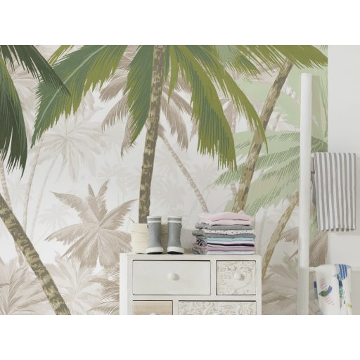 Nyári trópusi hangulat a falon - Diszkrét pálmacsoport krém barna szürke sötétzöld és zöld tónusok falpanel/digitális nyomat