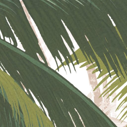 Nyári trópusi hangulat a falon - Diszkrét pálmacsoport krém barna szürke sötétzöld és zöld tónusok falpanel/digitális nyomat