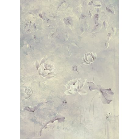 Nosztalgikus virágminta- Finom "fátyol" a falra tavirózsák és levelek képében törtfehér szürkéskék és lila falpanel/digitális nyomat