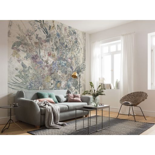 Nyári hangulatú romantikus virágcsokor réti füvekből és virágokból krémfehér zöld kék szürke és mályva tónusok falpanel/digitális nyomat