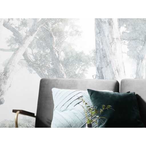 Misztikus és titokzatos öreg fák ködfátyolban ködfehér zöld kék szürke és bézs tónusok falpanel/digitális nyomat