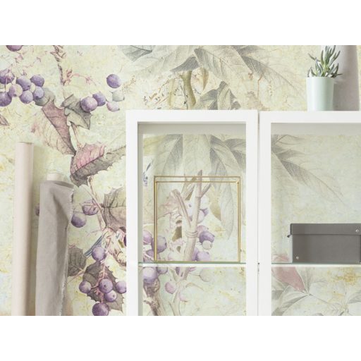 Díszes madarak a virágzó gyümölcsösben - Idilli nosztalgikus nyári kép bézs sárga zöld sokszínű falpanel/digitális nyomat