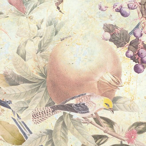 Díszes madarak a virágzó gyümölcsösben - Idilli nosztalgikus nyári kép bézs sárga zöld sokszínű falpanel/digitális nyomat