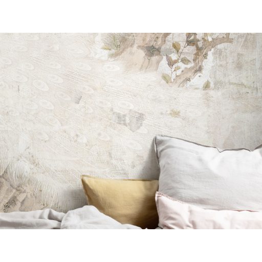 Mint egy festmény! A növény és állatvilág kollázsa fehér pávával beton háttéren szürke barna zöld és fehér falpanel/digitális nyomat