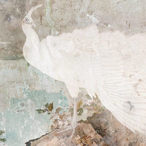 Mint egy festmény! A növény és állatvilág kollázsa fehér pávával beton háttéren szürke barna zöld és fehér falpanel/digitális nyomat