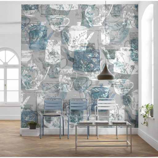 Terítéken a díszes kínai porcelán teáskészlet kollázs elrendezésben szürke fehér türkizkék és zöld tónusok falpanel/digitális nyomat