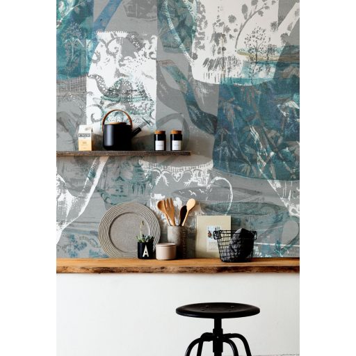 Terítéken a díszes kínai porcelán teáskészlet kollázs elrendezésben szürke fehér türkizkék és zöld tónusok falpanel/digitális nyomat