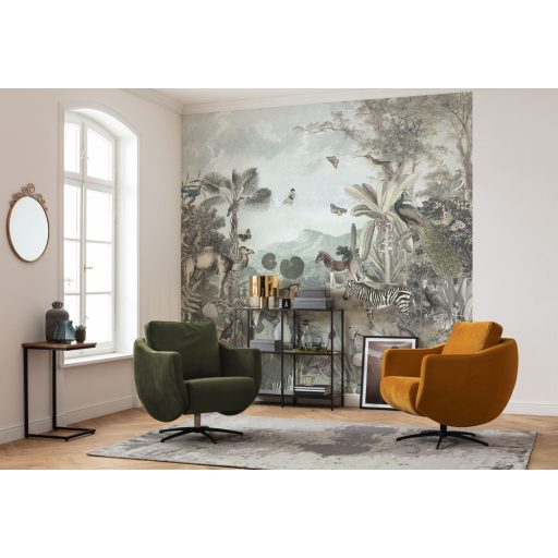 Sivatag a szavanna és a dzsungel állatainak "konferenciája" egzotikus kollázs szürkészöld szürke barna sokszínű falpanel/digitális nyomat