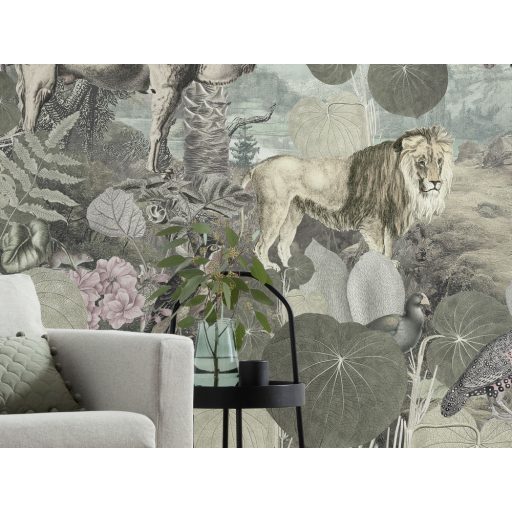 Sivatag a szavanna és a dzsungel állatainak "konferenciája" egzotikus kollázs szürkészöld szürke barna sokszínű falpanel/digitális nyomat