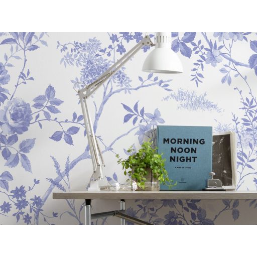 Nosztalgikus hangulatú virág és madármotívum "királyi falvédő" stílusban fehér és transzparens kék tónus falpanel/digitális nyomat