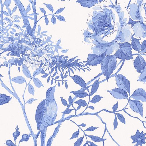 Nosztalgikus hangulatú virág és madármotívum "királyi falvédő" stílusban fehér és transzparens kék tónus falpanel/digitális nyomat