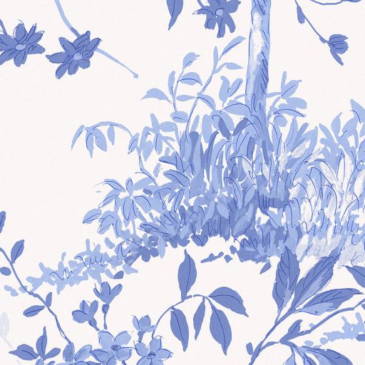 Nosztalgikus hangulatú virág és madármotívum "királyi falvédő" stílusban fehér és transzparens kék tónus falpanel/digitális nyomat