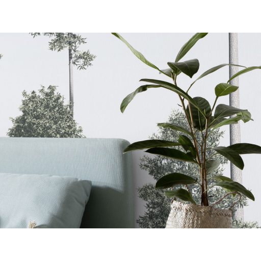 Sudár magas fenyők majdnem az égig érnek pasztellkék szürke fehér és zöld tónusok falpanel/digitális nyomat