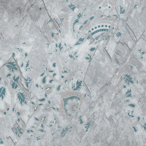 Ősi falfestmény fel-fel bukkanó motívumai beton háttéren szürke barna zöld és világos téglaszín falpanel/digitális nyomat