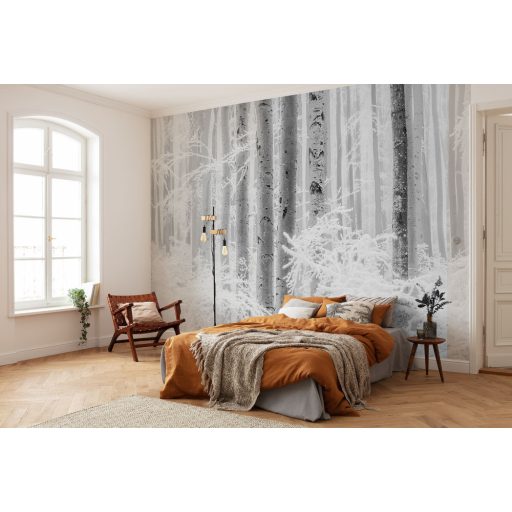 Lenyűgöző szépségű téli erdő plasztikus ábrázolása hófehér szürke és fekete tónus falpanel/digitális nyomat