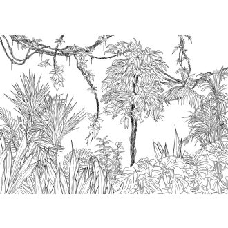   Egy Tarzan képregényre emlékeztető modern grafikus monokróm dzsungel minta fehér és fekete tónus falpanel/digitális nyomat