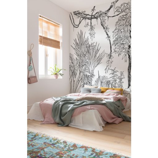 Egy Tarzan képregényre emlékeztető modern grafikus monokróm dzsungel minta fehér és fekete tónus falpanel/digitális nyomat