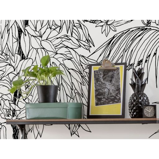 Egy Tarzan képregényre emlékeztető modern grafikus monokróm dzsungel minta fehér és fekete tónus falpanel/digitális nyomat