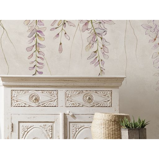 Kínai lilaakác levélzete és virágzata terjed a betonfalon pompás illatfelhőben bézs zöld rózsaszín és lila falpanel/digitális nyomat