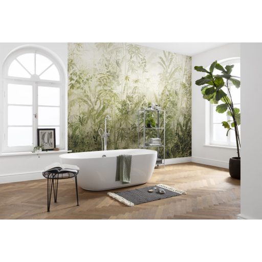 Trópusi pálmafák egzotikus nővények és méteres páfrányok áthatolhatatlan dzsungele fehér bézs szürke és zöld falpanel/digitális nyomat