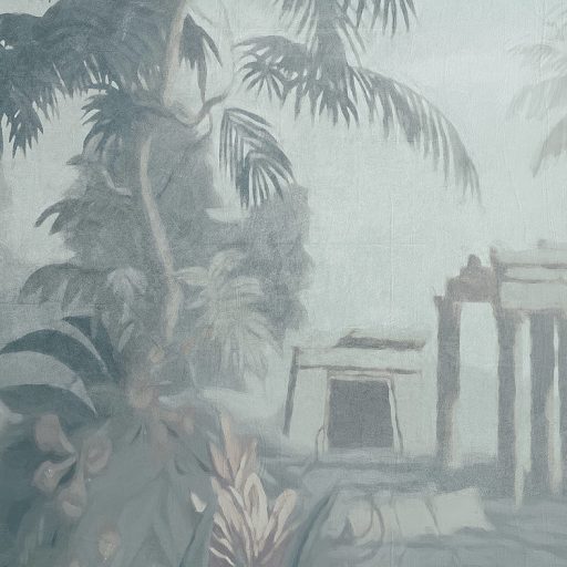 Bejárat az egzotikumba avagy díszes portál egy impozáns gyarmati villában szürkésfehér zöld kék és szürkéskék falpanel/digitális nyomat