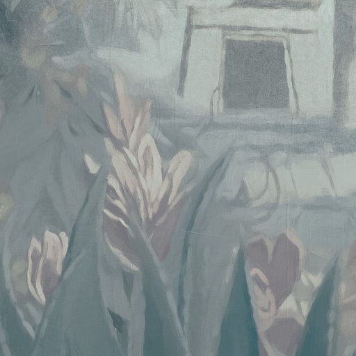 Bejárat az egzotikumba avagy díszes portál egy impozáns gyarmati villában szürkésfehér zöld kék és szürkéskék falpanel/digitális nyomat