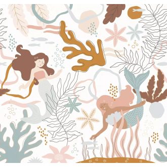   Álomszerű tenger alatti vízivilág sellőkkel stilizált rajzolt minta fehér barack vízzöld mustársárga és rózsaszín tónus falpanel