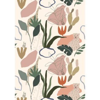   Absztrakt növényi motívumok rejtőzködő gepárddal és zsiráffal krémfehér olívzöld púderrózsaszín szürke és terrakotta tónus falpanel
