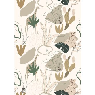   Absztrakt növényi motívumok rejtőzködő gepárddal és zsiráffal krémfehér bézs khakizöld és földes okker tónusok falpanel