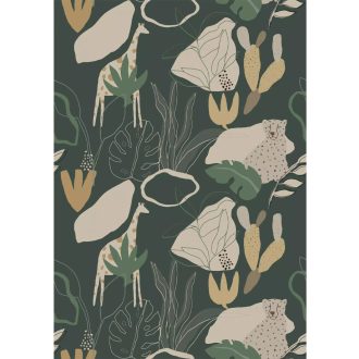   Absztrakt növényi motívumok rejtőzködő gepárddal és zsiráffal sötét erdőzöld  krémfehér olívzöld és arany tónusok falpanel