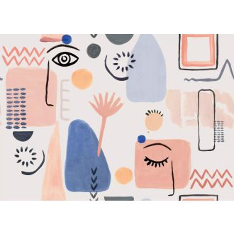   Absztrakt formák stilizált virágok ovális sorminták expresszív rajzok mozgalmas kompozíciója fehér rózsaszín barack égkék és antracit falpanel