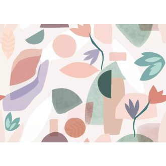   Lebegő absztrakt formák levelek és virágsziluettek modern kollázsa fehér rózsaszín levendula menta és terrakotta tónusok falpanel