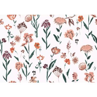   Naív rajzolatú virágok és levelek gazdag minta és színharmóniája fehér narancs rózsaszín zöld és burgundi tónus falpanel