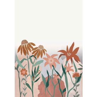   Nagyformátumú naív stilizált levelek és virágok színátmenetes háttéren törtfehér terrakotta narancs zöld és hamuszürke tónus falpanel