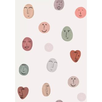   Kölönböző érzelmeket sugárzó stilizált arcok finom vonalrajzzal fehér rózsaszín zöld szürke és barnás tónusok falpanel