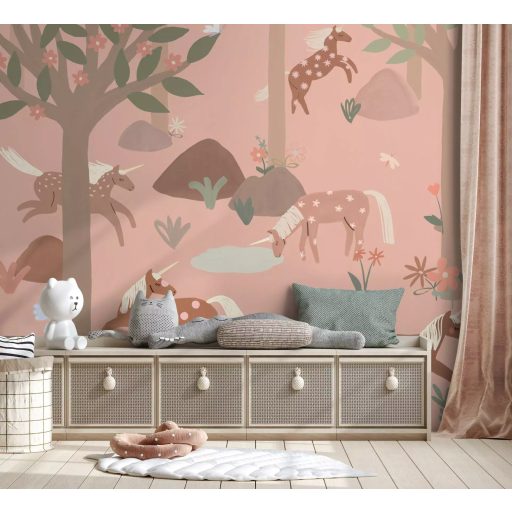 Unikornisok kalandjai a meseerdőben púderrózsaszín barack halvány korall olív és khakizöld tónus falpanel