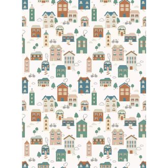   Színes házikók pöfékelő kémények biciklik és fák rajzolta színes meseváros fehér zöldeskék terrakotta bézs és olívzöld tónus falpanel