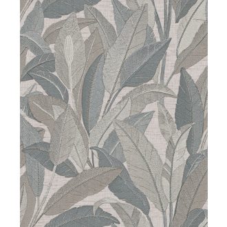   Remekmű! Nagyméretű egymásba fonódó levelek elegáns mintája szürkésbézs kékesszürke palazöld taupe és ezüst tónus finom fény tapéta