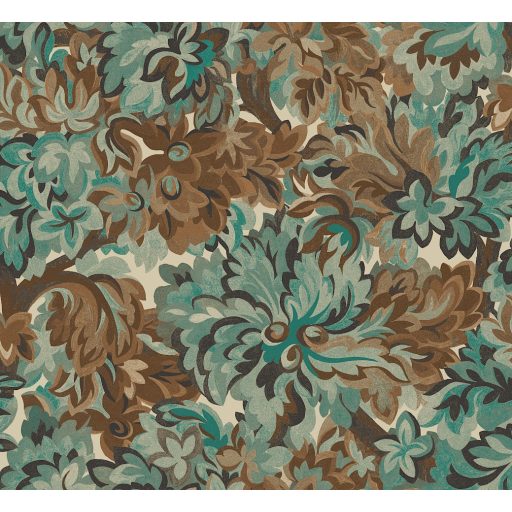 Virágos Jacquard minta modern átiratban bézs vízkék türkiz antracit barna és aranysárga tónus tapéta
