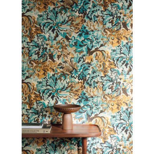 Virágos Jacquard minta modern átiratban bézs vízkék türkiz antracit barna és aranysárga tónus tapéta