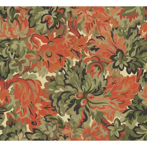 Virágos Jacquard minta modern átiratban világoszöld antracit őszi színek - zöld narancs rozsdabarna és lángoló-korall tónus tapéta