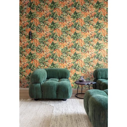 Virágos Jacquard minta modern átiratban világoszöld antracit őszi színek - zöld narancs rozsdabarna és lángoló-korall tónus tapéta